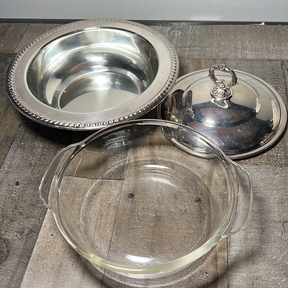 Vintage Metal Serving Dish & Lid with Fire King Glass Casserole - Picture 7 of 9